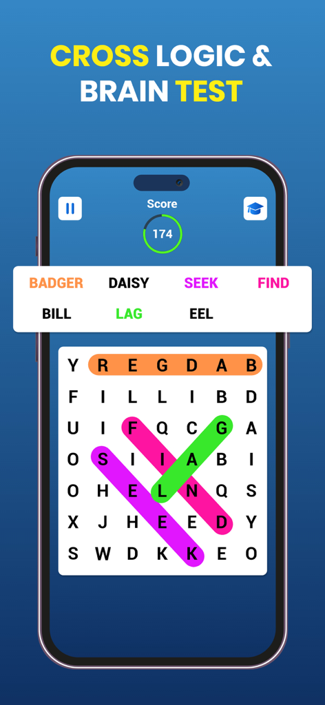 Brain Test Puzzle : IQ Games - A smartphone screen displaying a colorful word search puzzle as part of a brain training logic game.