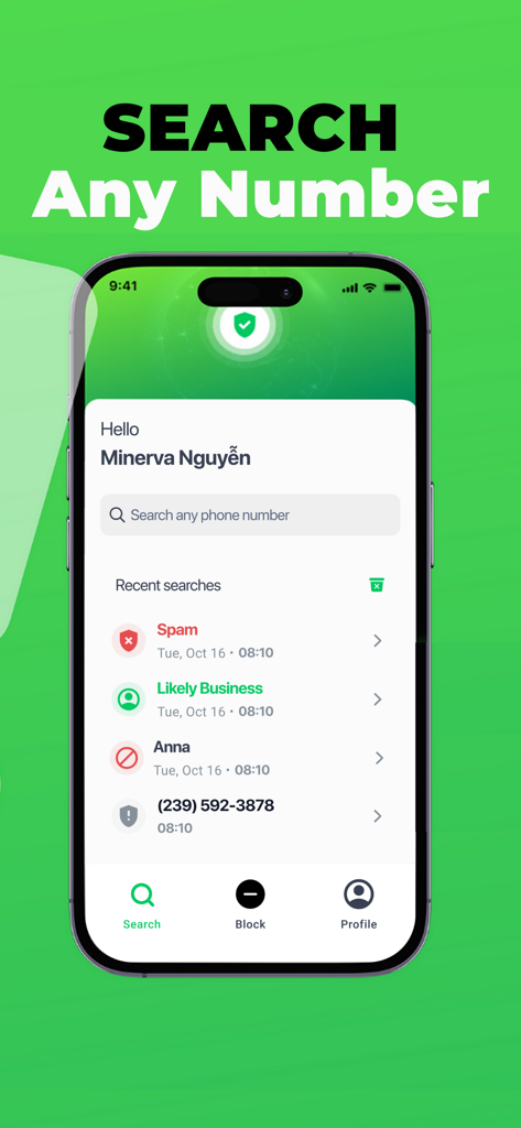 iPhone screen showing the iCallme app search interface for looking up phone numbers and identifying spam calls