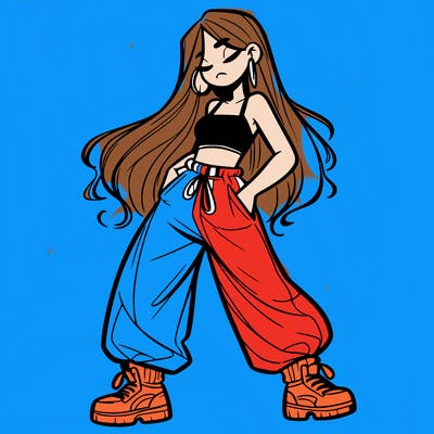 girl in baggy pants crop top and long hair