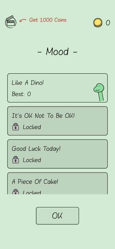 Like A Dino game mood selection screen with a list of songs and locked levels on a minimalist pastel background