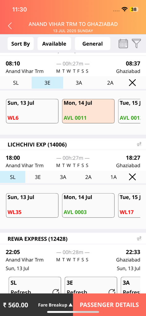 IRCTC Rail Connect mobile app showing train search results and seat availability for Indian Railways.