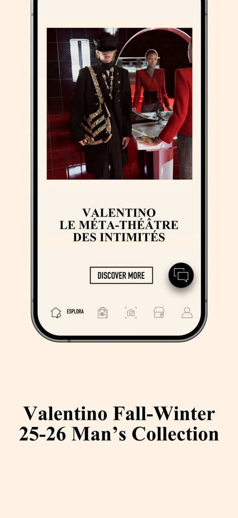 Maison Valentino app interface showcasing the Fall Winter 25-26 Men's Collection