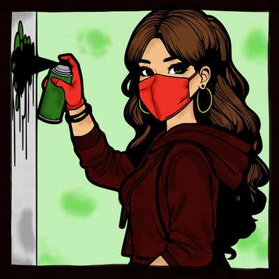 realistic girl with mask spray painting a wall