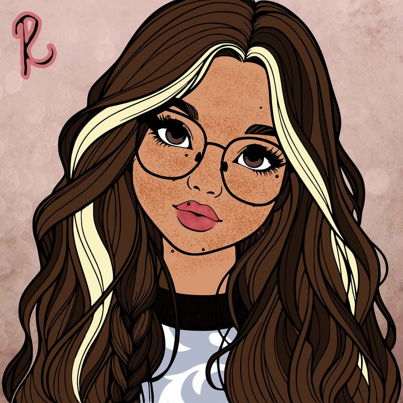 girl with long hair and freckles and glasses realistic