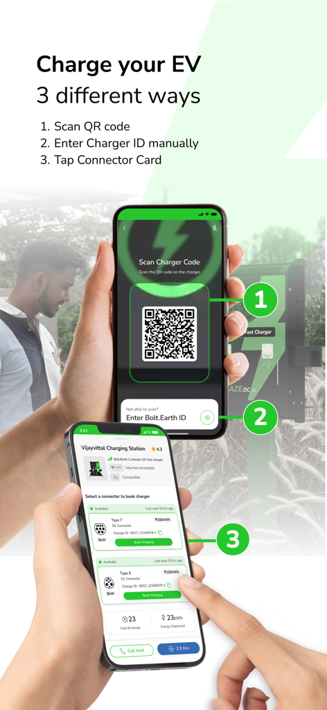 Interfaz de la aplicación de carga de vehículos eléctricos Bolt Earth que muestra tres formas de cargar un vehículo eléctrico: escaneando el código QR, ingresando el ID del cargador y tocando la tarjeta del conector