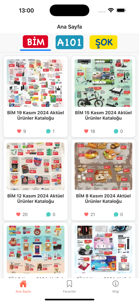 Bim A101 Sok Aktuelアプリのホーム画面には、日付とエンゲージメントアイコンが付いたさまざまなスーパーマーケットの割引カタログのリストが表示されています