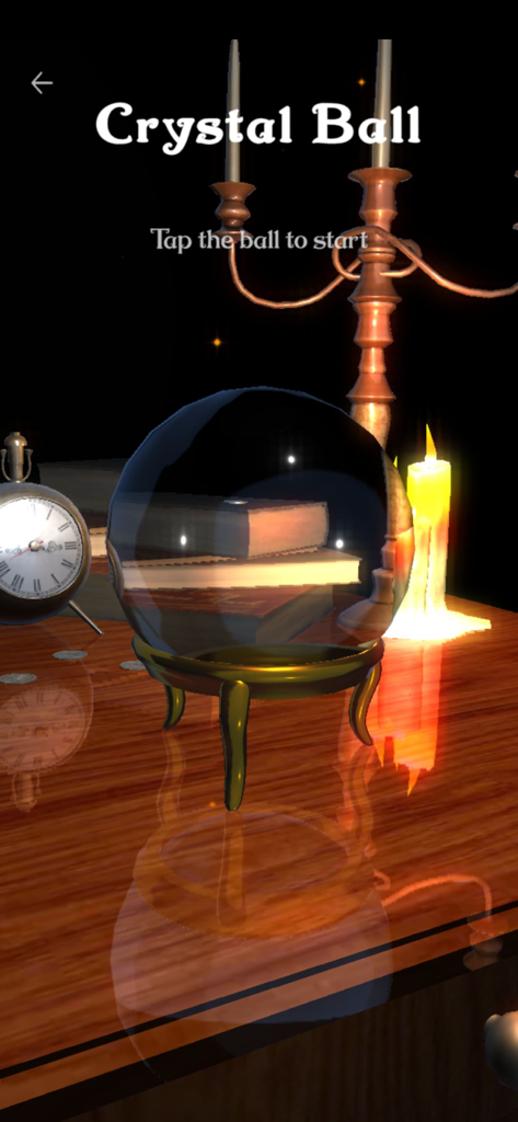 Magic Crystal Ball: Divination - Balle de cristal 3D mystique sur une table en bois avec une bougie et d'anciens livres