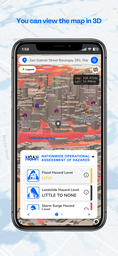 UP NOAH - Tela do aplicativo móvel UP NOAH exibindo um mapa 3D com avaliações de perigo de inundações e deslizamentos de terra localizadas.