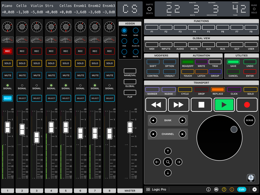 ONE Control Plus - Interface do iPad mostrando um controlador DAW digital profissional com faders, botões de transporte e um jog wheel para Logic Pro.