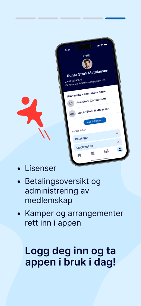 Min idrett - Mobile screenshot of the Min idrett app showing a user profile with family management and payment options