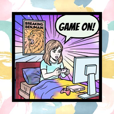 create me a photo that shows a girl sitting on her bed playing with her xbox. there should be a breaking benjamin poster on the wall behind her.