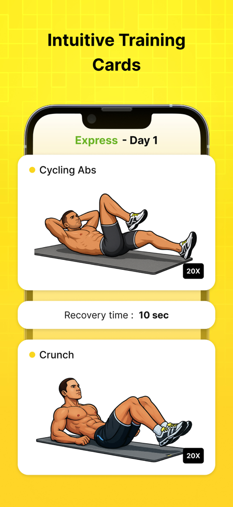 30 day Fitness Coach at home - Mobile app interface showing intuitive training cards for cycling abs and crunch exercises