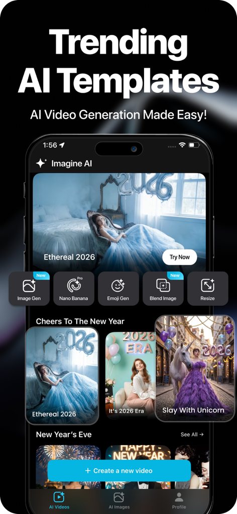 Interface of Imagine AI app showing trending video templates and AI creation tools