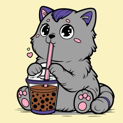 a realistic cat drinking boba
