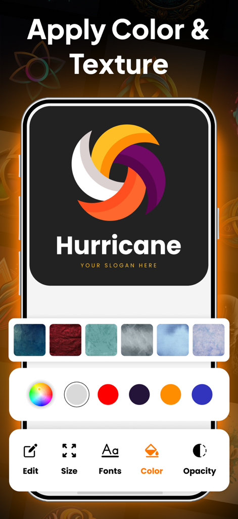 Logo Maker - Design Creator * - Interfaccia mobile che mostra opzioni per applicare colori e texture a un design di logo personalizzato di uragano.