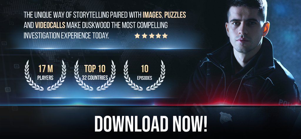 Duskwood - Detective Story - Duskwood-Detektivspiel-Banner mit einem realistischen Ermittler und globalen Spielerstatistiken
