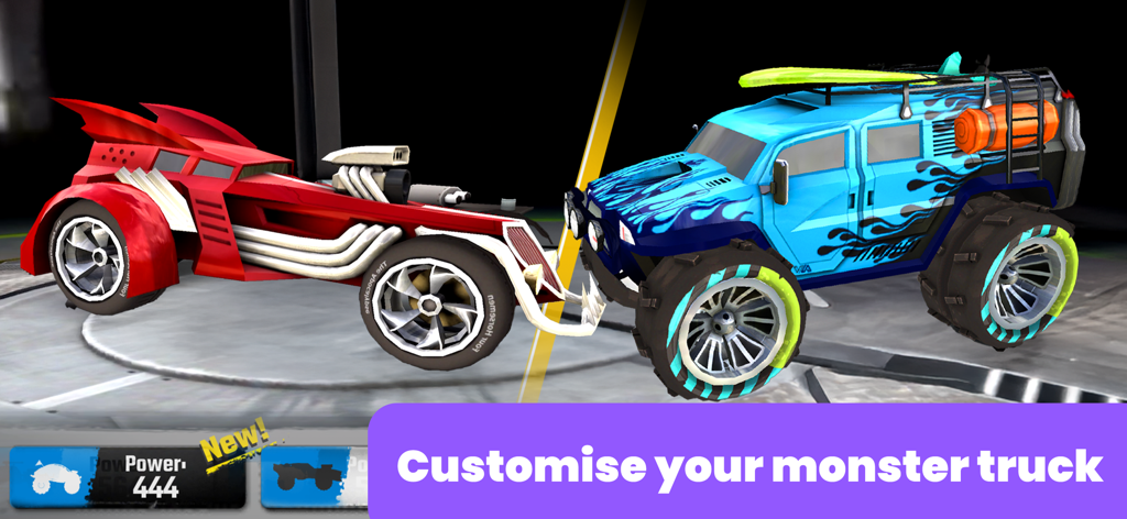 A red racing car and a blue monster truck on a customization screen in the Skidos racing game.