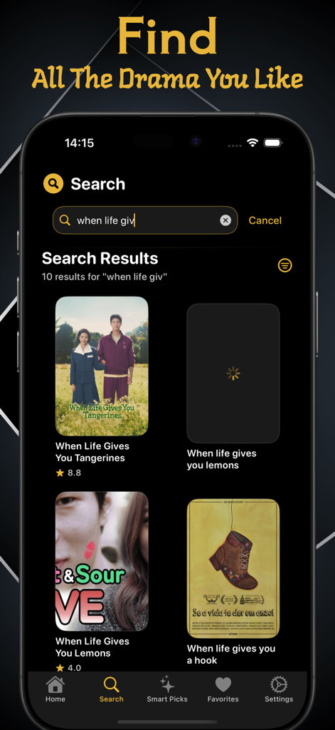 A interface de pesquisa do aplicativo KissAsian mostrando resultados para uma consulta de K-drama com pôsteres de filmes e avaliações.