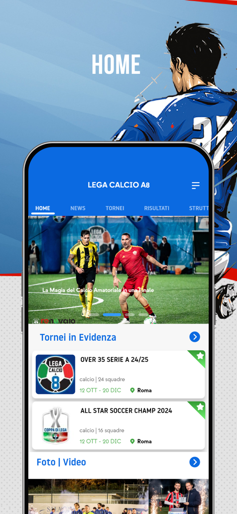 Lega Calcio a 8 - Home screen of the Lega Calcio a 8 mobile app showcasing featured soccer tournaments and news