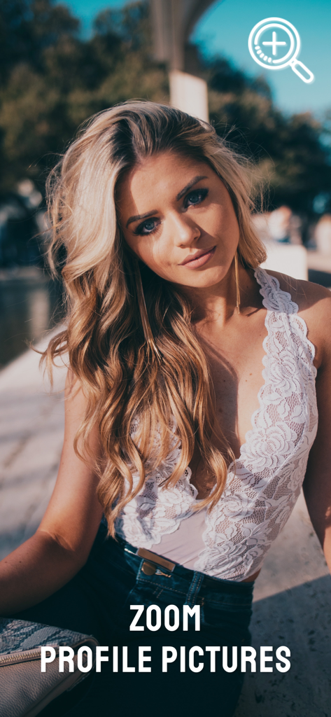 A high quality portrait of a young woman demonstrating the zoom profile picture feature of the Poze app