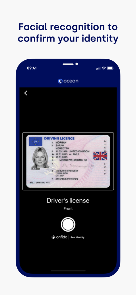 Ocean Finance Secured Loan - Ocean Finance app interface showing the identity verification process with a drivers license scan