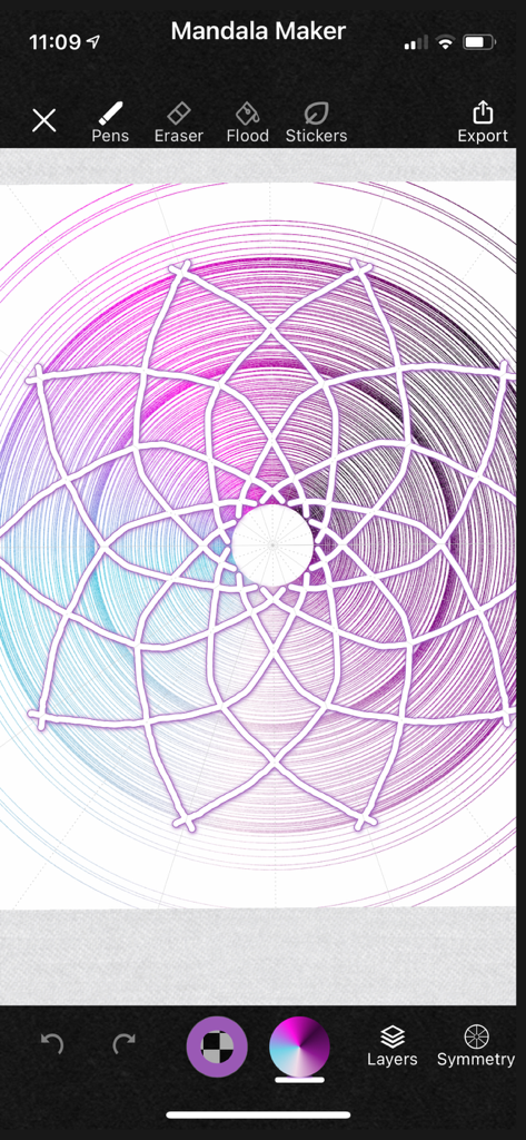 Digital mandala design interface with symmetrical geometric patterns in purple and pink