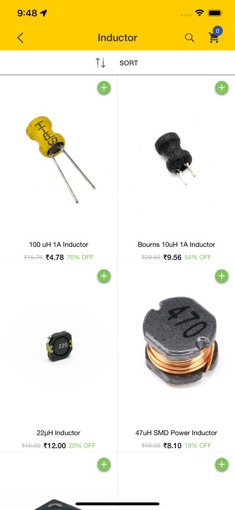 HnHCart - Electronic inductors product list on the HnHCart mobile shopping app