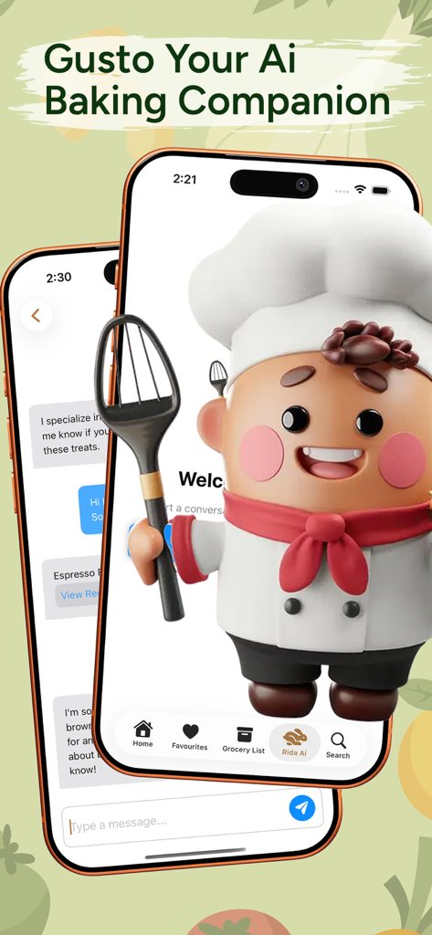 Healthy Recipes NutriBites app interface featuring a 3D chef character and AI chat assistant