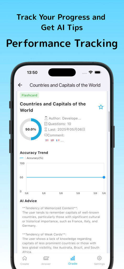 Q Share – Quiz & Sharing App – - Performance tracking dashboard showing accuracy trends and AI study advice for a geography quiz.