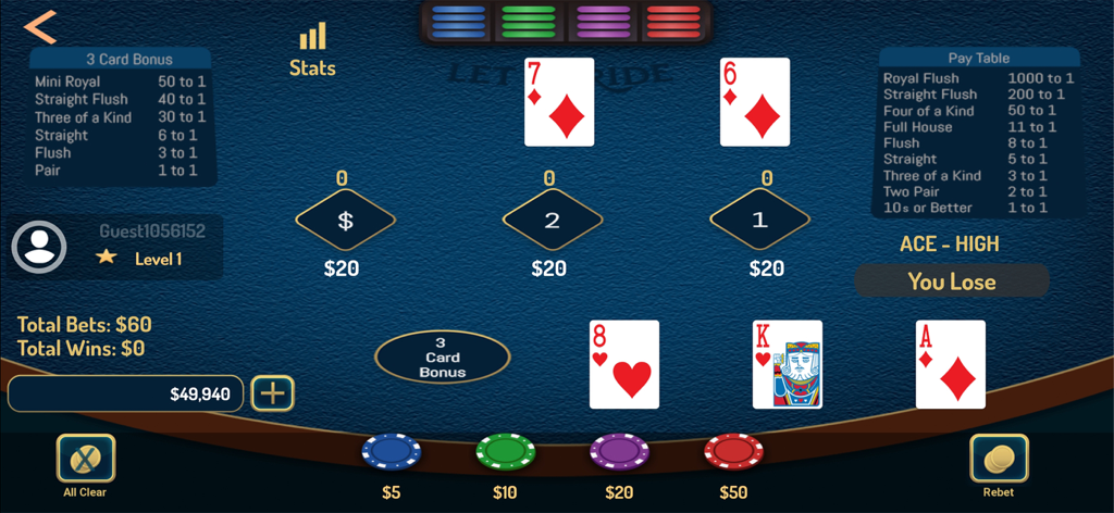 Let it Ride Poker Casino - Let it Ride Poker Casino game screen showing cards and betting options on a blue table