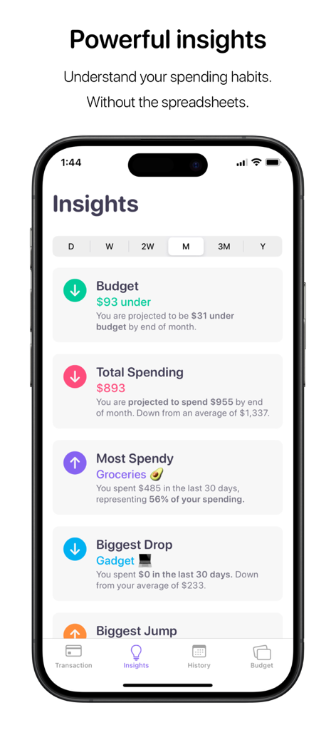 Nudget app dashboard showing monthly spending insights including budget status and top expense categories.