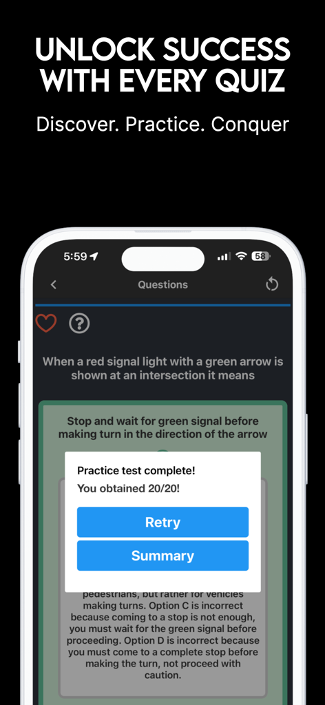 Examzify - A screenshot of the Examzify app showing a completed practice test with a perfect score of 20/20 on an iPhone.