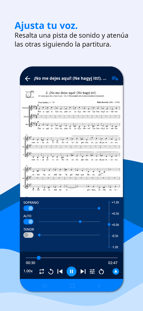 Singerhood - Singerhood mobile app interface showing choral sheet music with adjustable volume sliders for different voice parts