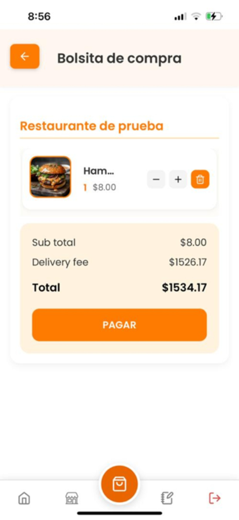 Riko App - Pantalla de pago de Riko App mostrando una bolsa de compras con un pedido de hamburguesa y el total de la entrega