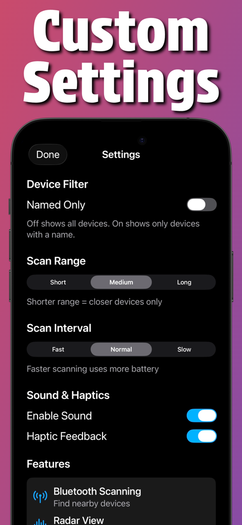Find My Device Scanner - Custom settings interface of the Find My Device Scanner app showing options for scan range, scan interval, and sound feedback.