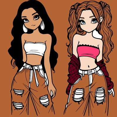 2 girls in crop tops and baggy jeans ripped