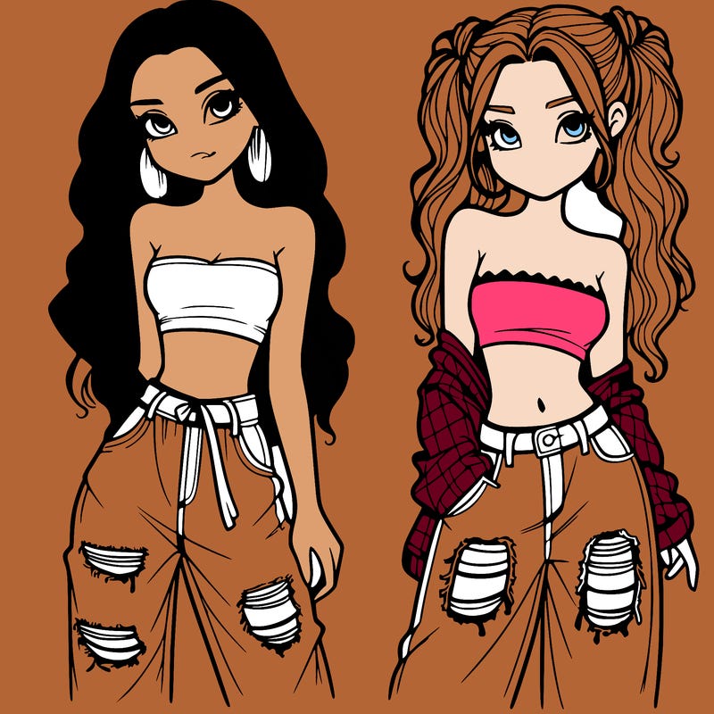 2 girls in crop tops and baggy jeans ripped