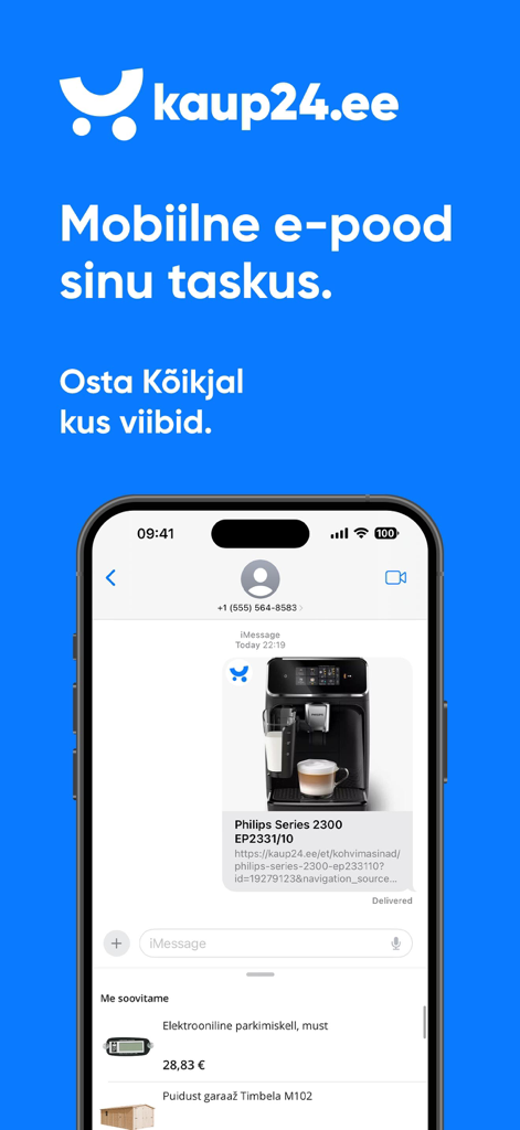 Kaup24.ee Mobiilne e-pood - A smartphone showing the Kaup24 mobile app interface with a product link shared in a message and personalized recommendations.