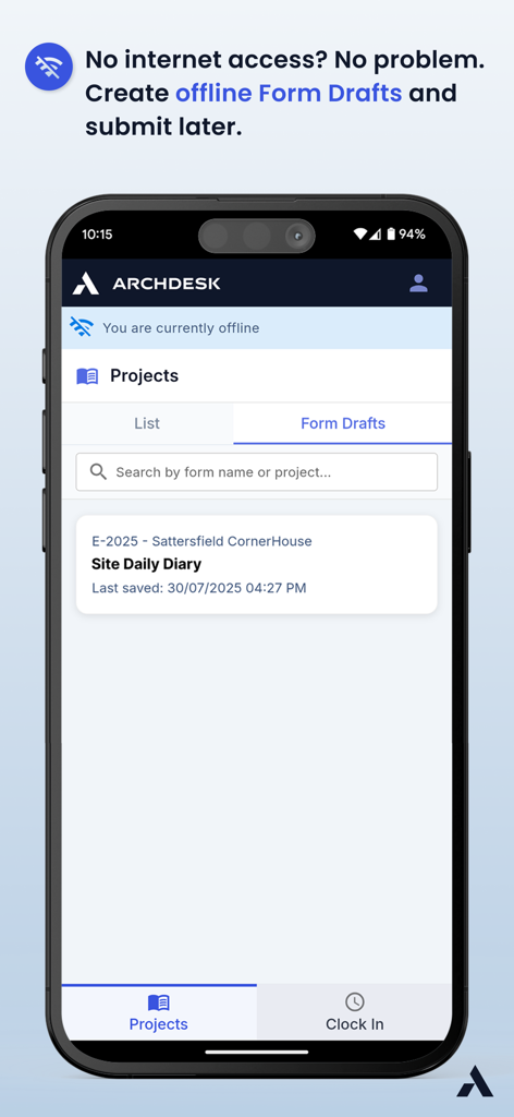 Mobile view of Archdesk Lite interface showing offline form drafts for a construction site daily diary
