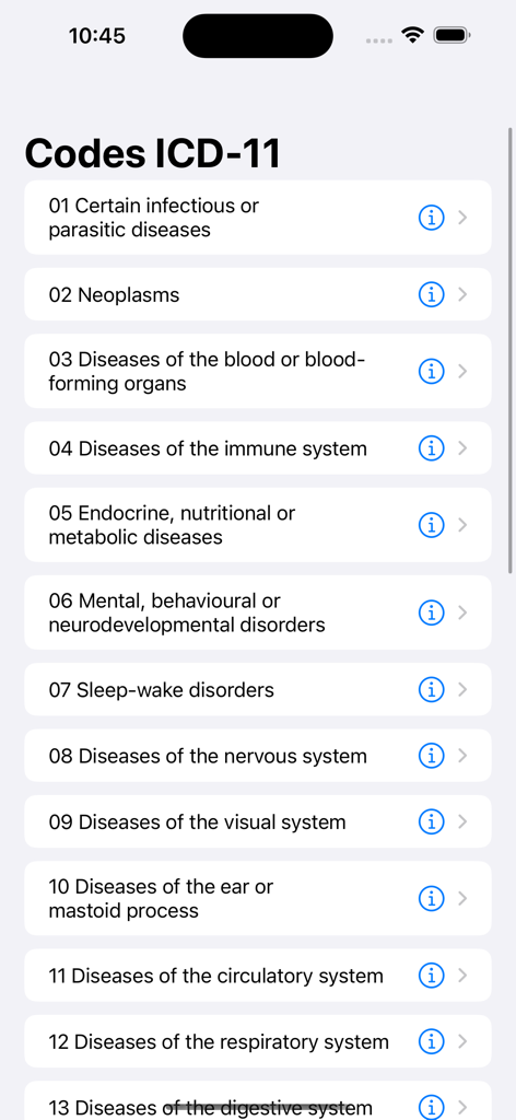 A list of medical code categories from the ICD-11 International Classification of Diseases app