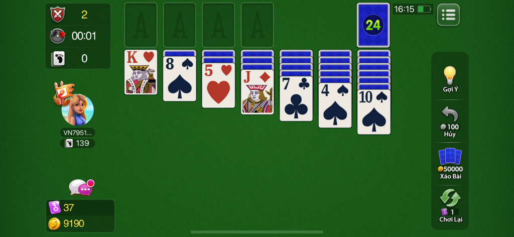 Tiến Lên Miền Nam - Đánh Bài - Solitaire card game interface in the Tien Len Mien Nam mobile app.