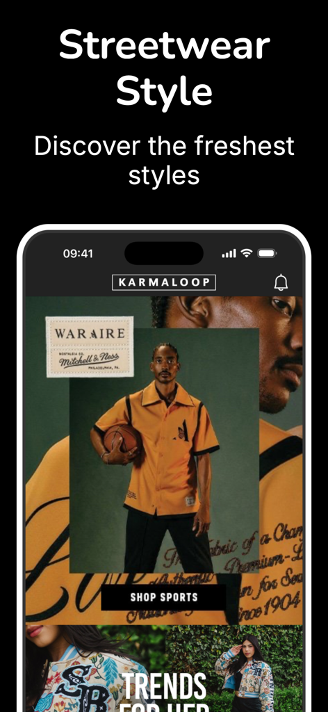 Karmaloop.com - Karmaloop mobile app interface showing streetwear fashion trends and a shop sports button