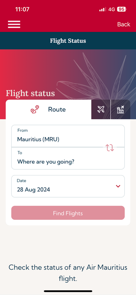 Air Mauritius mobile app flight status route search interface