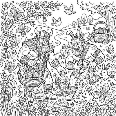 Join two mighty Orc Chieftains as they embark on an unforgettable Easter egg hunt, bringing a unique twist to your holiday coloring. This delightful page combines fantasy and festive fun, perfect for an imaginative artistic escape.