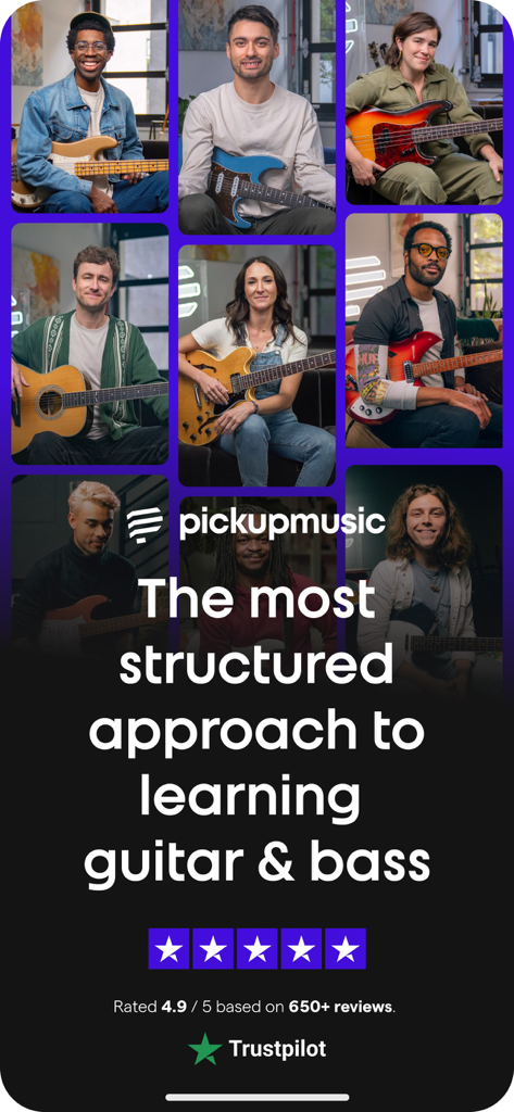 Tela de introdução do aplicativo Pickup Music apresentando diversos instrutores de guitarra e baixo com altas avaliações dos usuários.
