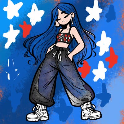 girl in baggy pants crop top and long hair