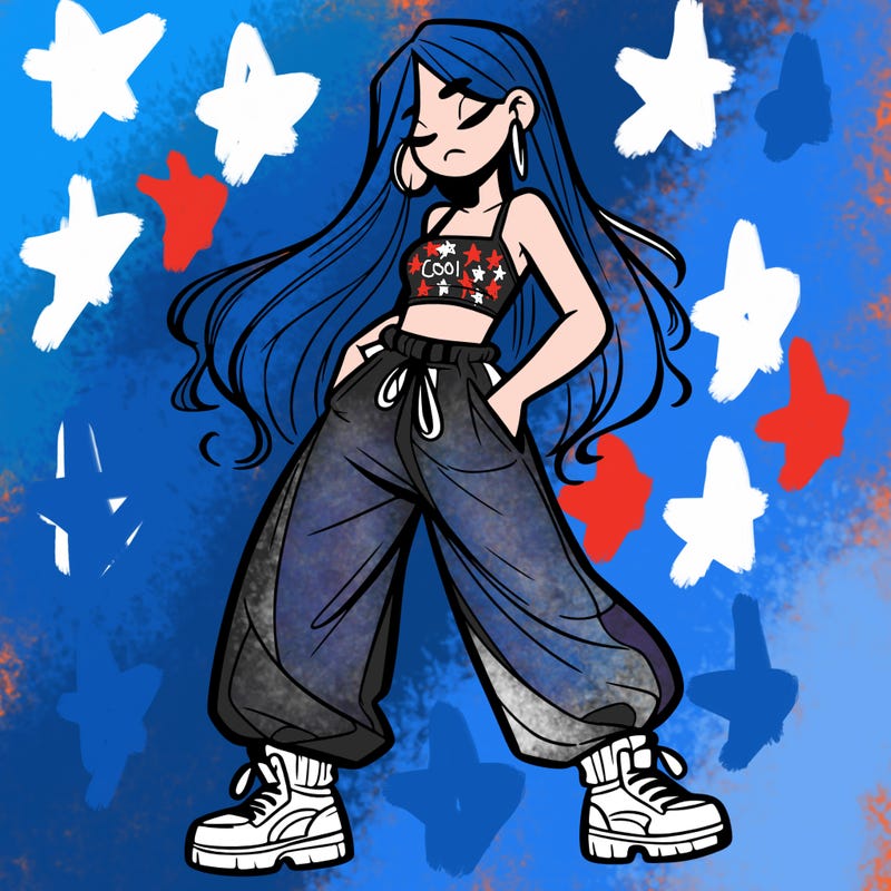 girl in baggy pants crop top and long hair