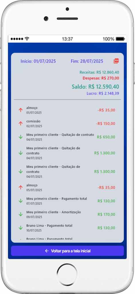 CredForte - Pantalla de la aplicación móvil CredForte que muestra un estado financiero con ingresos, gastos y una lista de transacciones
