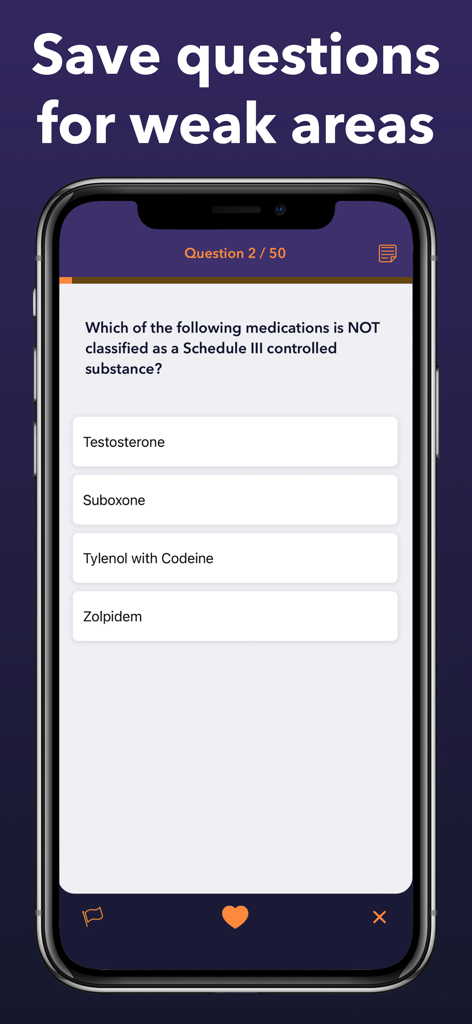 PTCB & PTCE Test Prep 2026 - A pharmacy technician exam practice question on a smartphone app screen