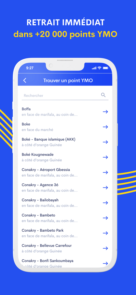 YMO - Transfert d'argent - YMO app screen showing a list of over 20,000 immediate cash withdrawal points across Guinea